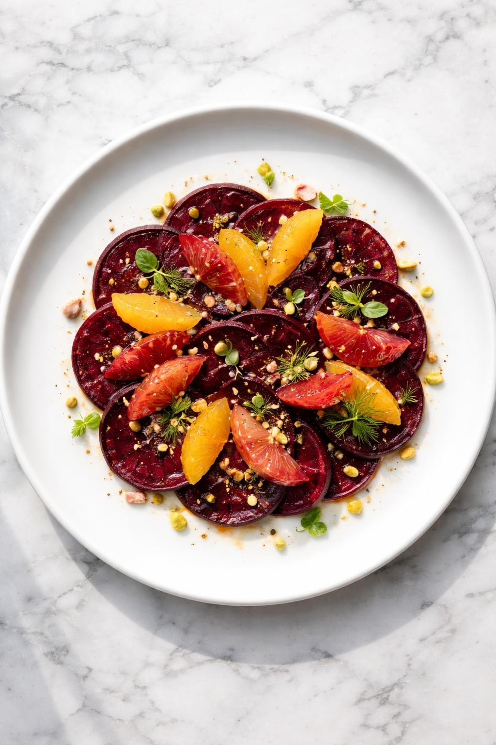 Image Prompt: Top-down realistic food photography of elegant vegan beet carpaccio on a white fine dining plate on a clean marble countertop, thinly sliced roasted beets arranged in a circle with citrus segments, herbs, and a glossy dressing, refined restaurant-style presentation, bright natural daylight, upscale starter course mood, no people, no hands, no text, no watermarks, no props with writing.