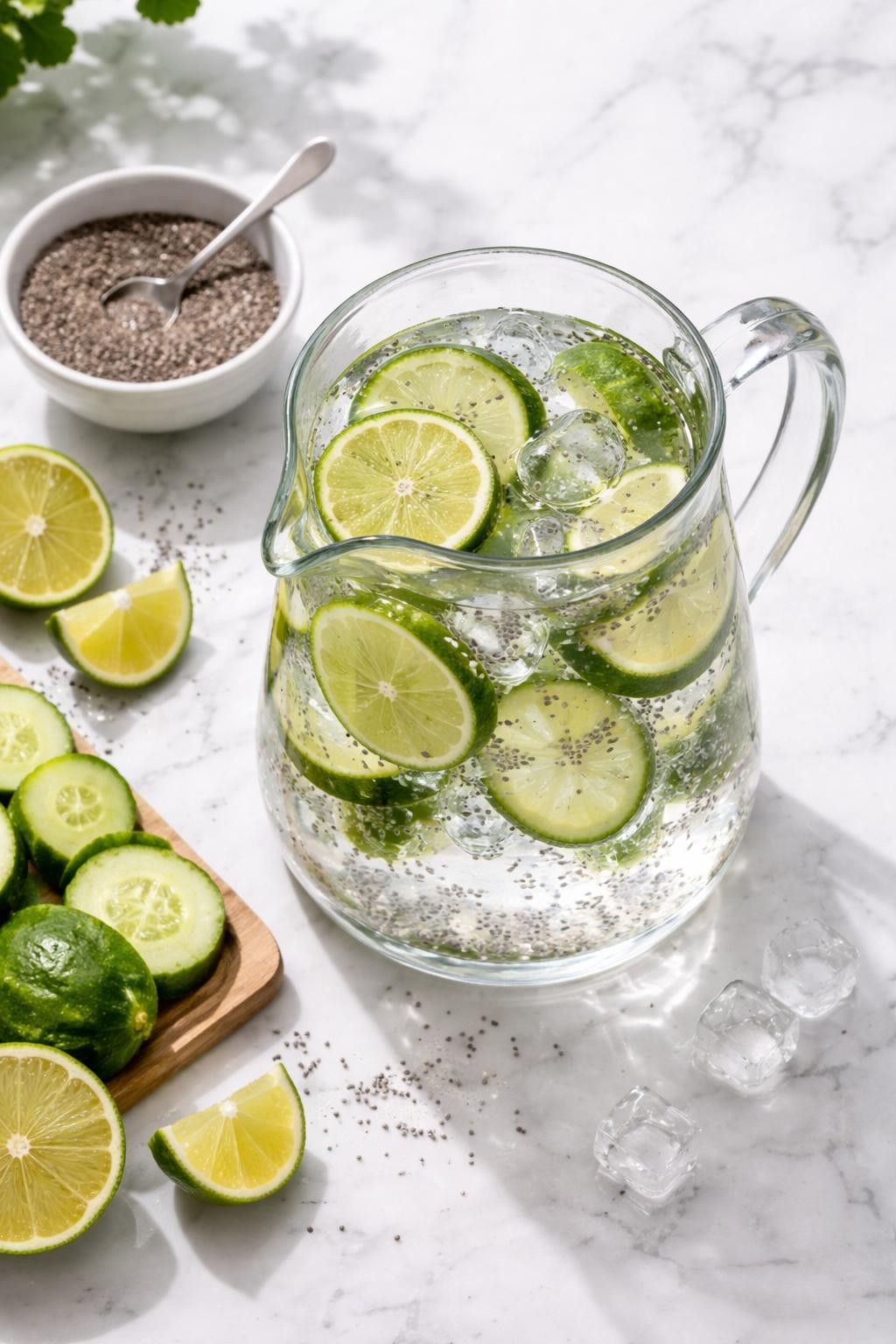 Realistic top-down editorial food photography of cucumber lime chia detox water in a clear glass pitcher on a white marble countertop, cucumber slices, lime rounds, soaked chia seeds, and ice cubes floating in cold water, small bowl of chia seeds and lime wedges nearby, clean fresh homemade drink styling, natural window light, soft shadows, realistic texture, no people, no hands, no text, no watermarks, no props with writing.