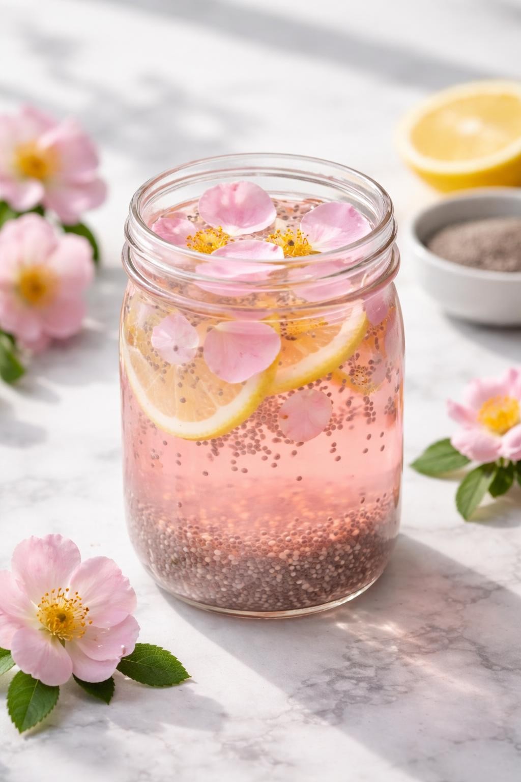Realistic editorial food photography of wild rose chia detox drink in a clear glass jar on a white and gray marble countertop, pale pink rose-infused water with soaked chia seeds, lemon slices, and a few food-safe wild rose petals floating on top, clean fresh homemade drink styling, bright natural light, soft shadows, realistic chia seed texture, no people, no hands, no text, no watermarks, no props with writing.