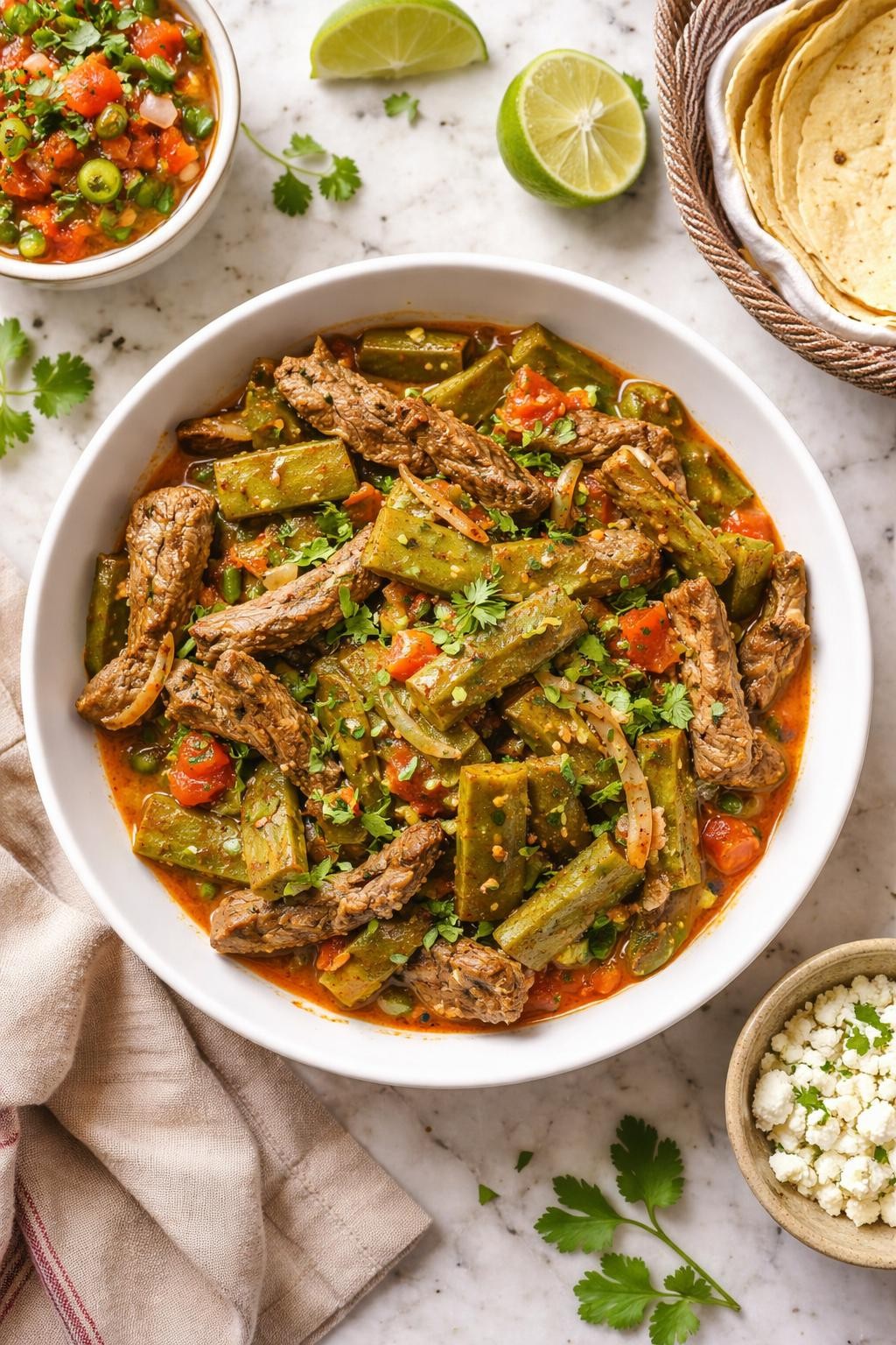 Image Prompt: Realistic top-down editorial food photography of nopales con carne in a shallow white bowl on a clean marble countertop, tender beef strips cooked with nopales, onions, tomatoes, and green chiles, cozy homemade Mexican dinner styling, bright natural daylight, no people, no hands, no text, no watermarks, no props with writing.