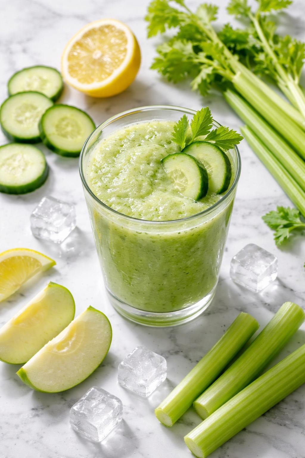 Realistic top-down food photography of a cucumber celery smoothie served in a clear glass on a clean white and gray marble countertop. The smoothie is pale green, smooth, crisp, and cold-looking, styled with cucumber slices, celery sticks, green apple wedges, lemon wedges, and ice cubes nearby. Bright natural daylight, clean garden-fresh smoothie styling, high detail, realistic drink texture, no people, no hands, no text, no watermarks, no props with writing.