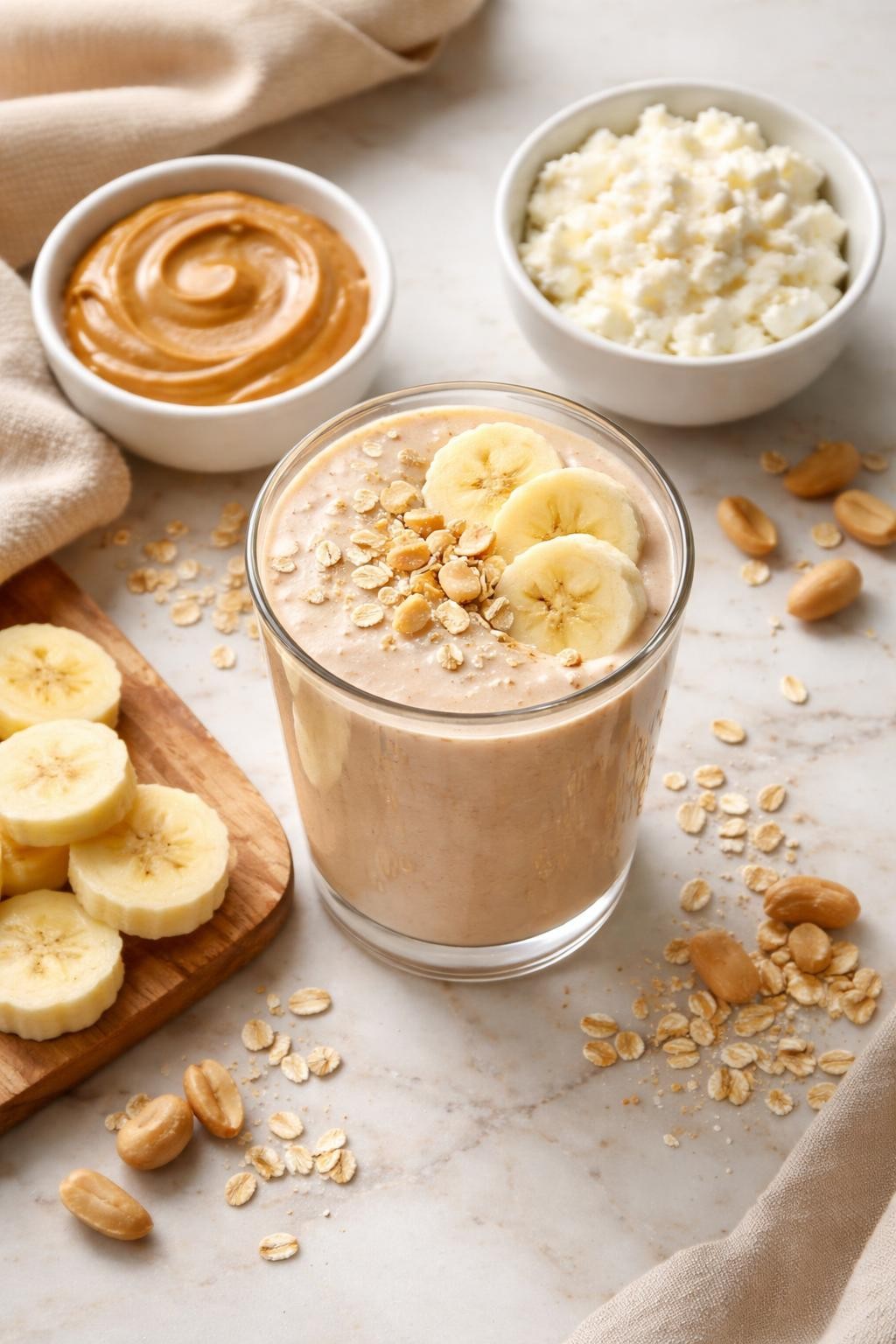 Realistic top-down editorial food photography of a peanut butter cottage cheese smoothie served in a clear glass on a light marble countertop. The smoothie is pale tan, thick, creamy, and smooth, styled with peanut butter in a plain dish, cottage cheese in a small bowl, banana slices, oats, and a few peanuts nearby. Natural window lighting, cozy high-protein breakfast styling, high detail, realistic creamy texture, no people, no hands, no text, no watermarks, no props with writing.
