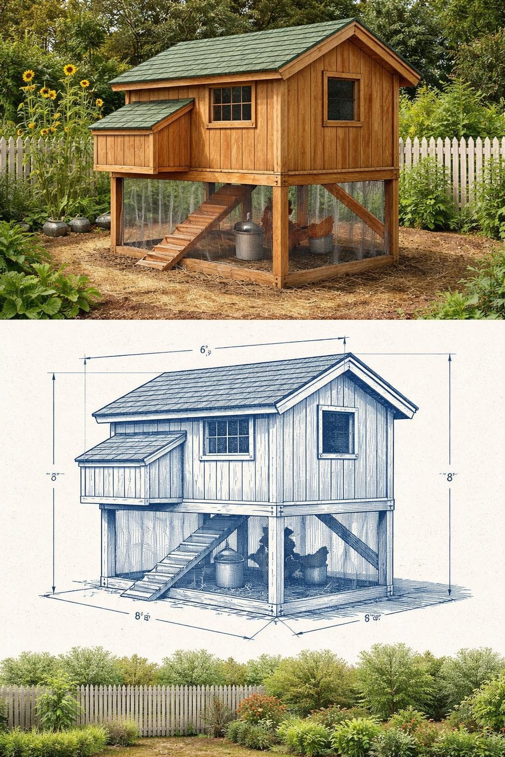 image Prompt: A vertical 2-collage image. The top half shows a realistic raised small chicken coop built from wood, lifted off the ground on sturdy legs, with a ramp leading down to a covered run underneath, a sloped roof, and a tidy backyard homestead setting. The bottom half shows matching coop plans with a blueprint-style drawing of the raised coop, support legs, ramp, run area, and side nesting box, with measurement lines and build sketch details. Clear visual match between the finished coop and the plan. Realistic and editorial, no people, no watermark.