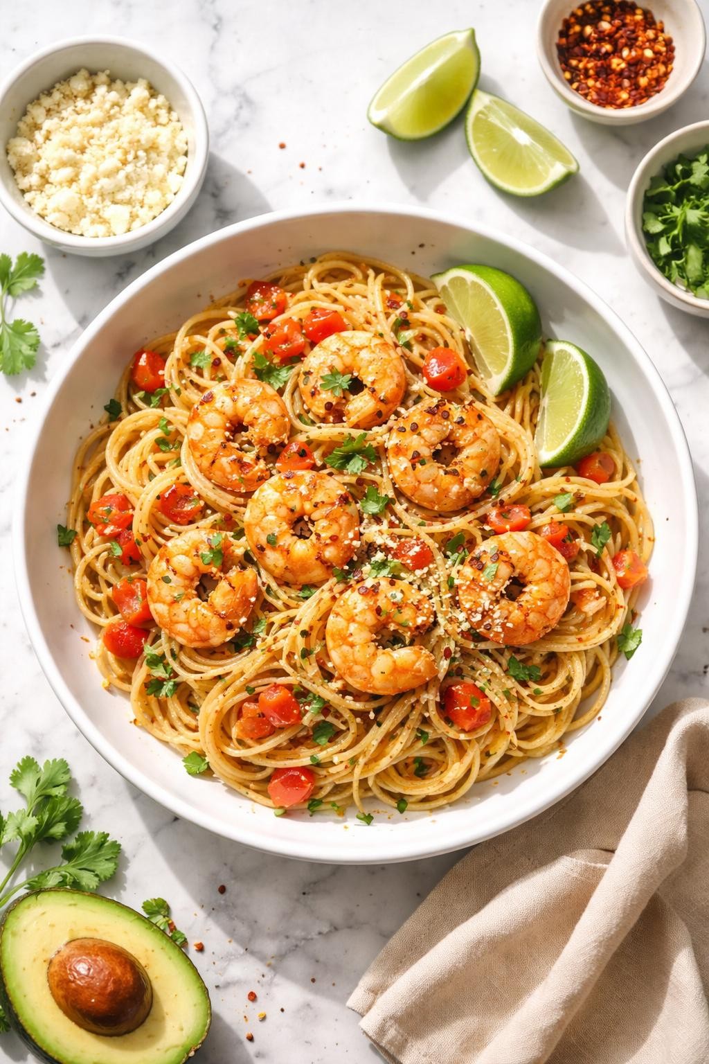 Image Prompt: Realistic top-down editorial food photography of shrimp taco spaghetti in a shallow white bowl on a white marble countertop, spaghetti tossed with seasoned shrimp, garlic, lime, chopped tomatoes, and cilantro, bright natural daylight, soft shadows, fresh coastal dinner styling, high detail, realistic food texture, no people, no hands, no text, no watermarks, no props with writing.
