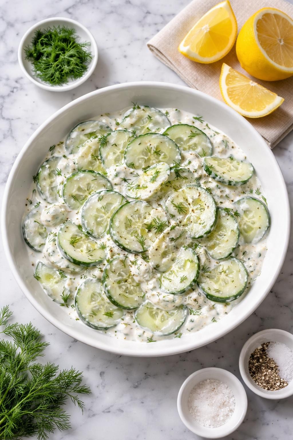 Image Prompt: Realistic top-down editorial food photography of Greek yogurt cucumber salad in a white bowl on a clean white and gray marble countertop, cucumber slices mixed with thick Greek yogurt, dill, lemon juice, and black pepper, chilled creamy texture visible, bright natural daylight, no people, no hands, no text, no watermarks, no props with writing.