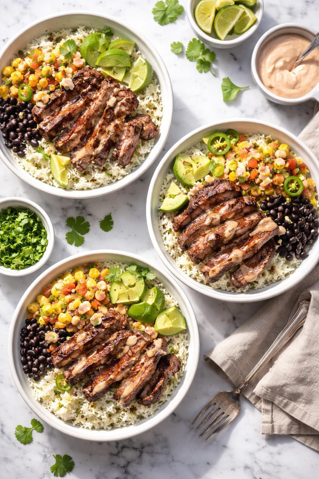 Image Prompt: Realistic top-down editorial food photography of chipotle steak rice bowls on a clean white and gray marble countertop, bowls filled with sliced steak, fluffy rice, black beans, corn salsa, avocado, and chipotle sauce, neatly arranged, bright natural window lighting, soft shadows, clean homemade dinner styling, high detail, realistic food texture, no people, no hands, no text, no watermarks, no props with writing.