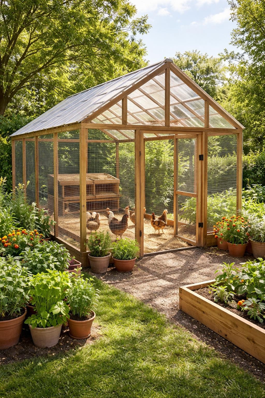 Image Prompt: A greenhouse-inspired walk in chicken coop in a sunny backyard garden, tall wood and wire frame shaped like a small greenhouse, clear corrugated roof panels, wide walk-in door, secure mesh sides, nesting area built along the back wall, chickens inside on straw bedding, potted herbs and vegetable beds around the coop, bright airy garden setting, realistic DIY design, no people, no text, no watermark.