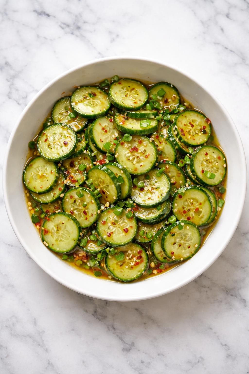 Image Prompt: Realistic top-down editorial food photography of sweet and spicy cucumber salad in a shallow white bowl on a clean marble countertop, cucumber slices tossed with chili flakes, honey, vinegar, and garlic, glossy dressing visible, bright natural daylight, fresh bold homemade salad mood, no people, no hands, no text, no watermarks, no props with writing.