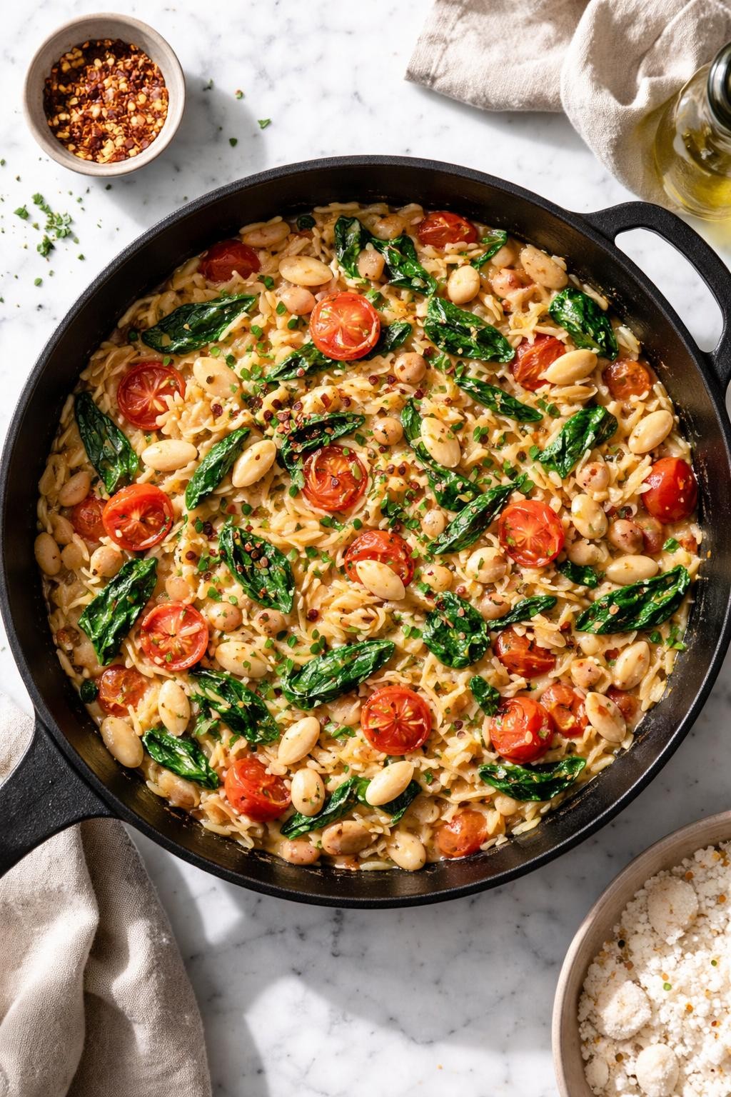 Image Prompt: Realistic top-down editorial food photography of a skillet of vegan orzo with white beans on a white marble countertop, orzo cooked with white beans, tomatoes, spinach, garlic, and herbs in a savory one-pan meal, cozy homemade dinner styling, bright natural daylight, soft shadows, clean editorial composition, high detail, realistic texture, no people, no hands, no text, no watermarks, no props with writing.