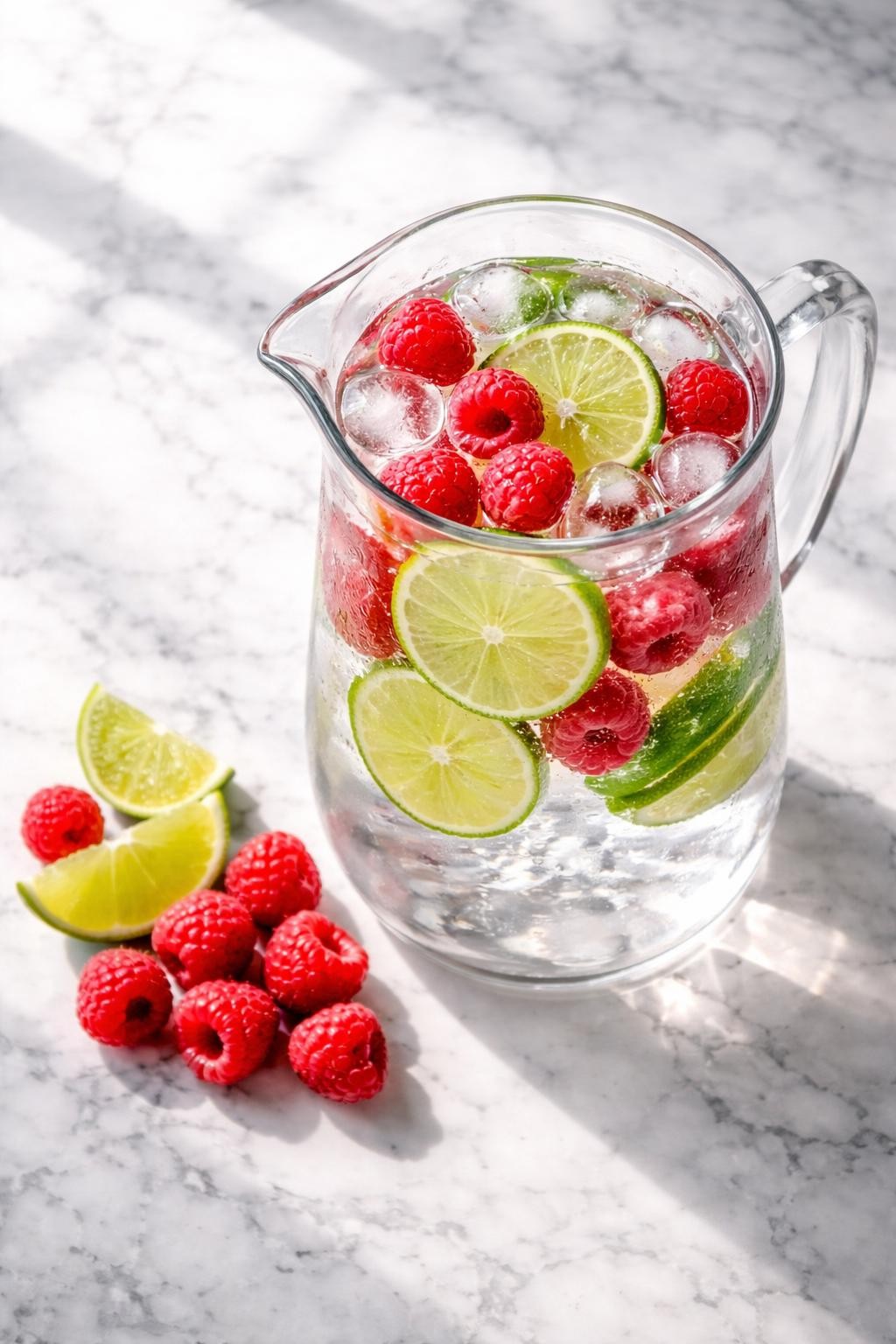 Realistic top-down food photography of raspberry lime detox water in a clear pitcher on a white and gray marble countertop, fresh raspberries and thin lime slices floating in cold water with ice cubes, a small pile of raspberries and lime wedges placed neatly nearby, bright clean drink styling, natural window lighting, soft shadows, realistic fruit detail, no people, no hands, no text, no watermarks, no props with writing.