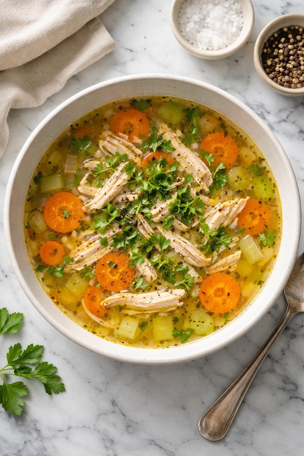 Image Prompt: Realistic top-down editorial food photography of a bowl of chicken and vegetable bone broth soup on a clean white and gray marble countertop, filled with shredded chicken, sliced carrots, celery, onion, and a clear golden bone broth, topped with chopped parsley and cracked black pepper, warm cozy homemade soup mood, bright natural window lighting, soft shadows, clean composition, high detail, realistic food texture, no people, no hands, no text, no watermarks, no props with writing.