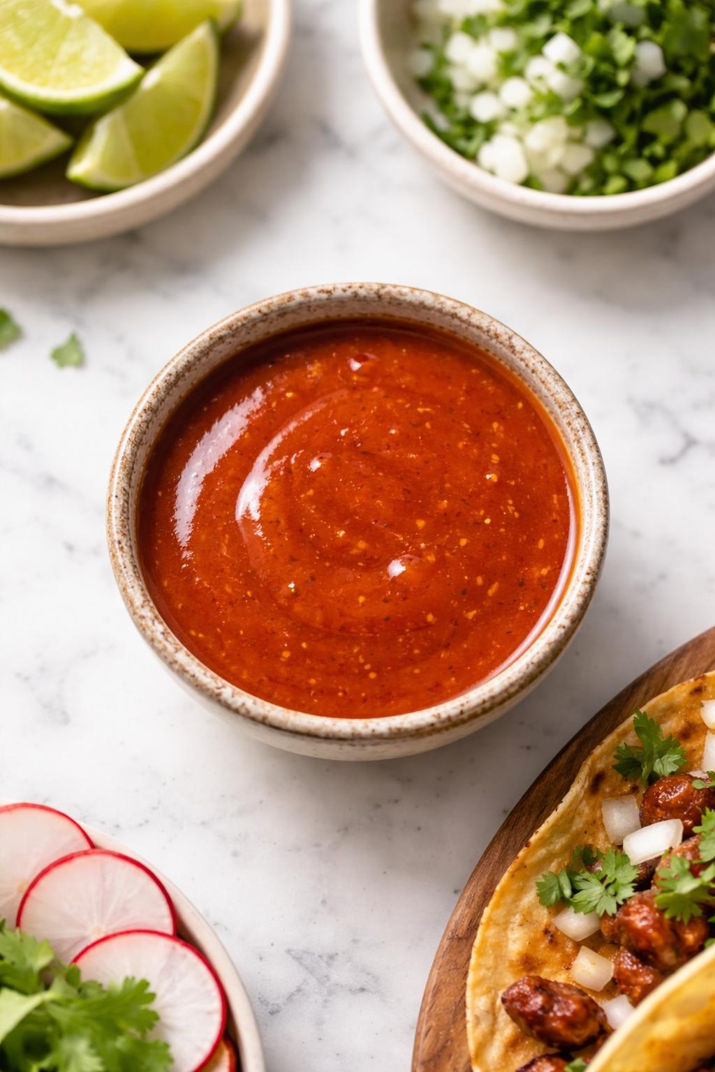 Image Prompt: Realistic top-down editorial food photography of a small bowl of salsa taquera on a clean marble countertop, deep red-orange Mexican taco sauce with smooth thin texture, made with dried chiles and tomatillos, glossy surface ready for drizzling, fresh taco toppings lightly blurred nearby, soft natural light, street taco inspired homemade mood, no people, no hands, no text, no watermarks, no props with writing.