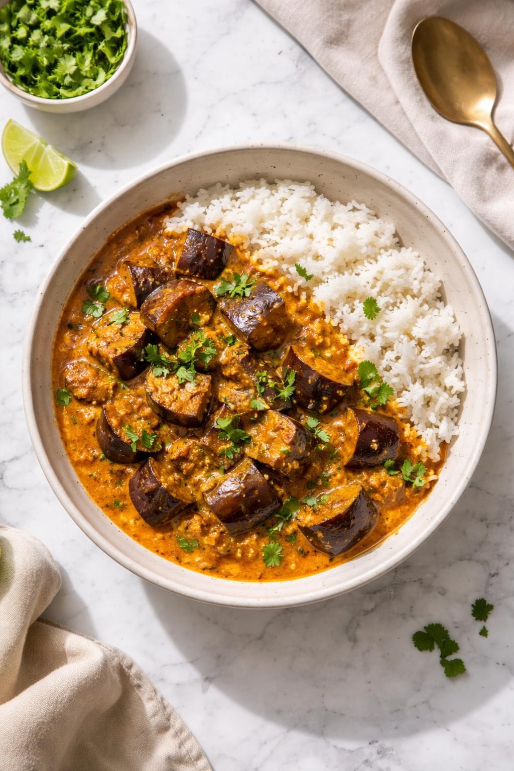 Image Prompt: Realistic top-down editorial food photography of a bowl of vegan eggplant curry on a marble countertop, tender eggplant cubes in a rich golden tomato coconut curry sauce with visible spices and cilantro, served with fluffy white rice in a simple bowl, cozy homemade dinner mood, bright natural daylight, soft shadows, clean editorial food styling, realistic textures, no people, no hands, no text, no watermarks, no props with writing.