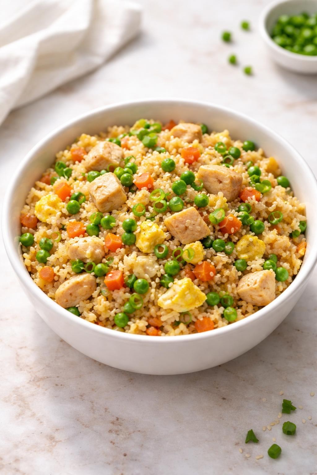 Realistic editorial food photography of cauliflower chicken fried rice in a simple white bowl on a pale marble countertop, cauliflower rice mixed with diced chicken breast, scrambled egg pieces, peas, carrots, green onions, garlic, and sesame seeds, light savory skillet texture, bright natural lighting, clean homemade meal styling, high detail, no people, no hands, no text, no watermarks, no props with writing.