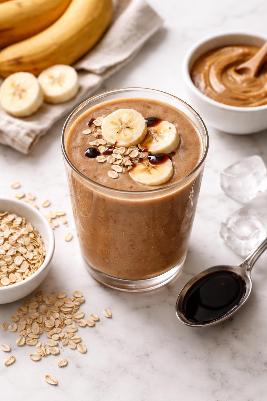 Realistic top-down editorial food photography of a blackstrap molasses banana smoothie in a clear glass on a clean white marble countertop. The smoothie is caramel brown, thick, creamy, and smooth, styled with banana slices, blackstrap molasses in a plain spoon, rolled oats, almond butter, and a few ice cubes nearby. Soft natural window lighting, cozy nutrient-rich smoothie styling, high detail, realistic creamy texture, no people, no hands, no text, no watermarks, no props with writing.