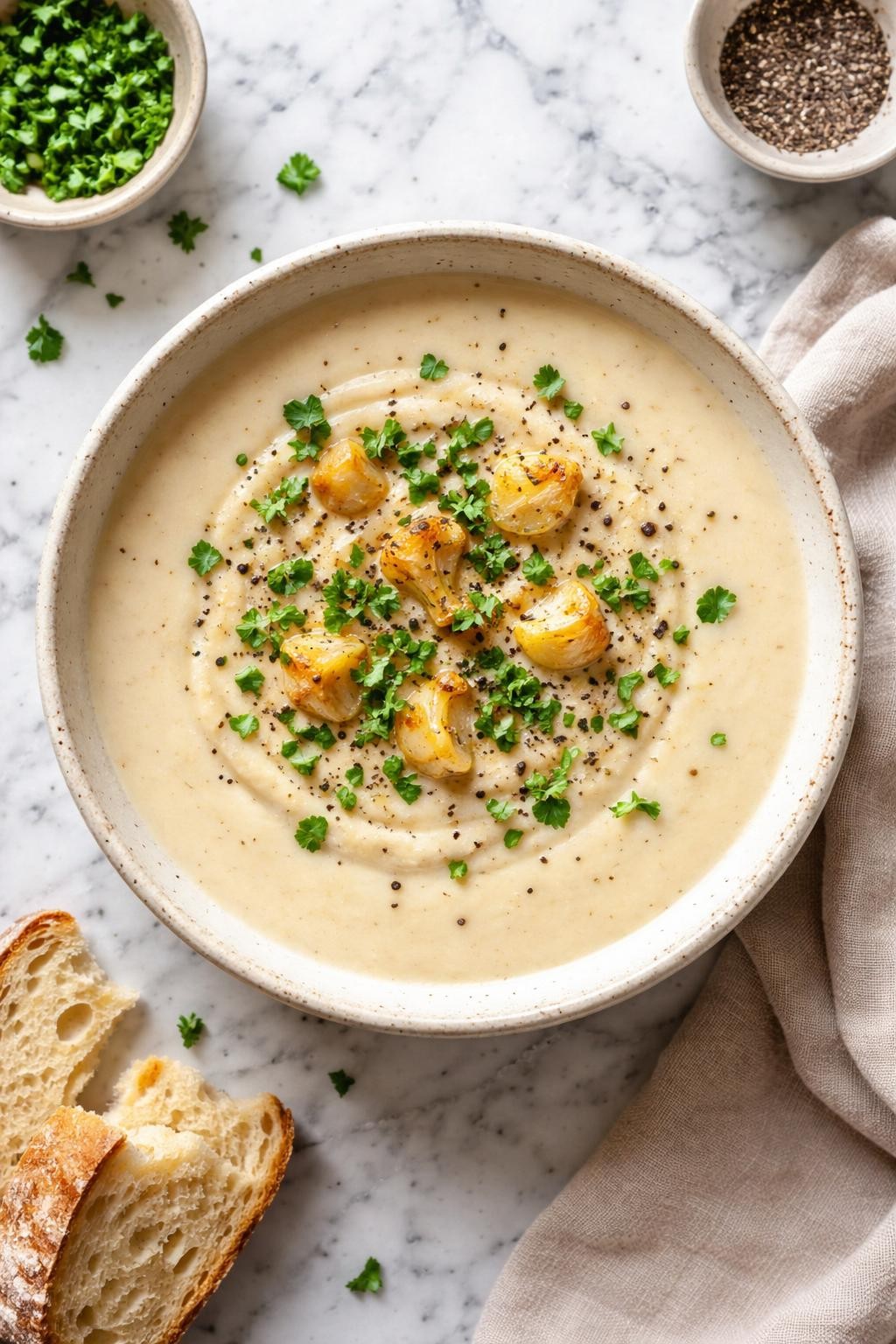 Image Prompt: Realistic top-down editorial food photography of roasted garlic cauliflower soup in a simple ceramic bowl on a clean white and gray marble countertop, smooth creamy cauliflower soup topped with roasted garlic pieces, black pepper, and chopped parsley, cozy homemade dinner styling, bright natural window light, soft shadows, no people, no hands, no text, no watermarks, no props with writing.