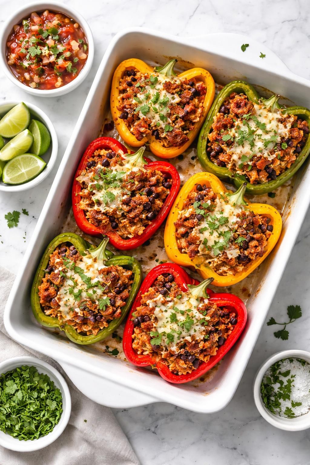 Image Prompt: Realistic top-down editorial food photography of Mexican chorizo stuffed peppers on a clean white marble countertop, halved bell peppers filled with browned chorizo, rice, black beans, and melted cheese, chopped cilantro on top, bright natural daylight, hearty homemade dinner mood, no people, no hands, no text, no watermarks, no props with writing.