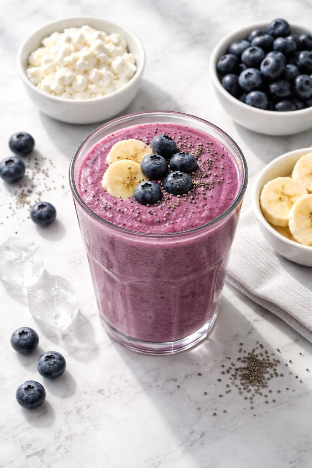 Realistic top-down food photography of a blueberry cottage cheese smoothie served in a clear glass on a clean white marble countertop. The smoothie is deep purple, thick, smooth, and creamy, styled with blueberries, cottage cheese in a plain dish, banana slices, chia seeds, and a few ice cubes nearby. Bright natural window lighting, clean homemade breakfast smoothie styling, high detail, realistic smoothie texture, no people, no hands, no text, no watermarks, no props with writing.