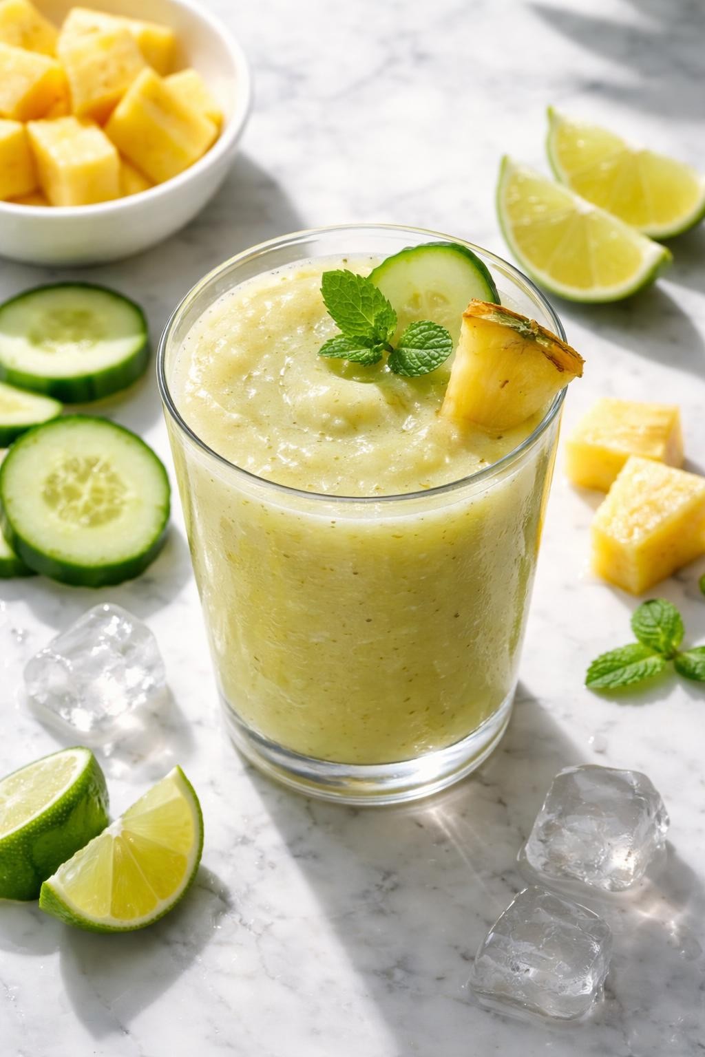 Realistic top-down editorial food photography of a cucumber pineapple smoothie in a clear glass on a light marble countertop. The smoothie is pale yellow-green, smooth, chilled, and fresh-looking, styled with cucumber slices, pineapple chunks, lime wedges, and a few ice cubes nearby. Bright natural daylight, clean tropical smoothie mood, soft shadows, realistic smoothie texture, high detail, no people, no hands, no text, no watermarks, no props with writing.