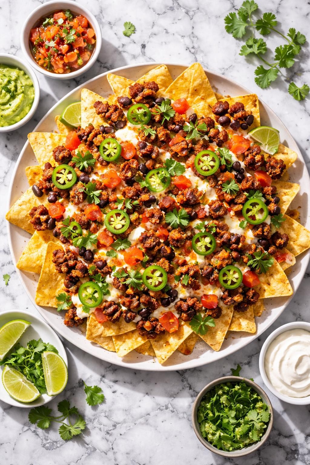 Image Prompt: Realistic top-down editorial food photography of Mexican chorizo nachos on a white and gray marble countertop, crispy tortilla chips topped with browned chorizo, melted cheese, black beans, jalapenos, diced tomatoes, and cilantro, bright natural daylight, fun homemade snack dinner mood, no people, no hands, no text, no watermarks, no props with writing.