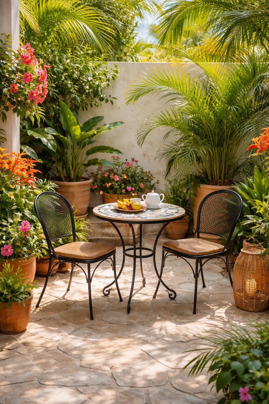 Image Prompt: A small tropical patio with a round bistro table and two chairs, potted palms, colorful tropical flowers, terracotta pots, light stone floor, woven lantern, cozy compact garden nook, bright morning light, no people, realistic DSLR photo, no text, no watermarks on images.