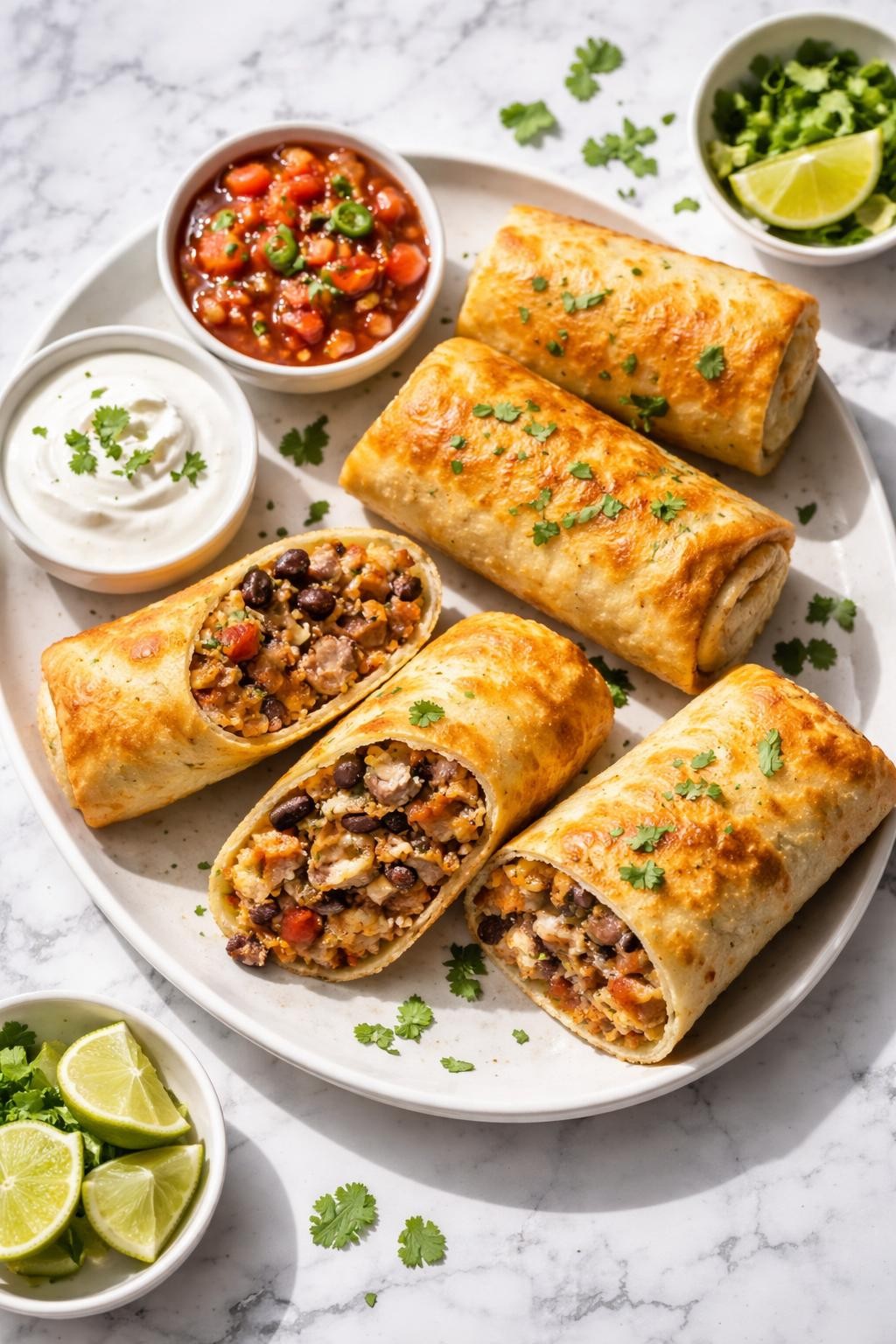 Image Prompt: Realistic top-down editorial food photography of steak chimichangas on a clean white and gray marble countertop, golden crisp flour tortillas stuffed with steak, beans, and cheese, cut open to show the filling, served with salsa and sour cream, bright natural light, soft shadows, clean editorial food styling, high detail, realistic food texture, no people, no hands, no text, no watermarks, no props with writing.