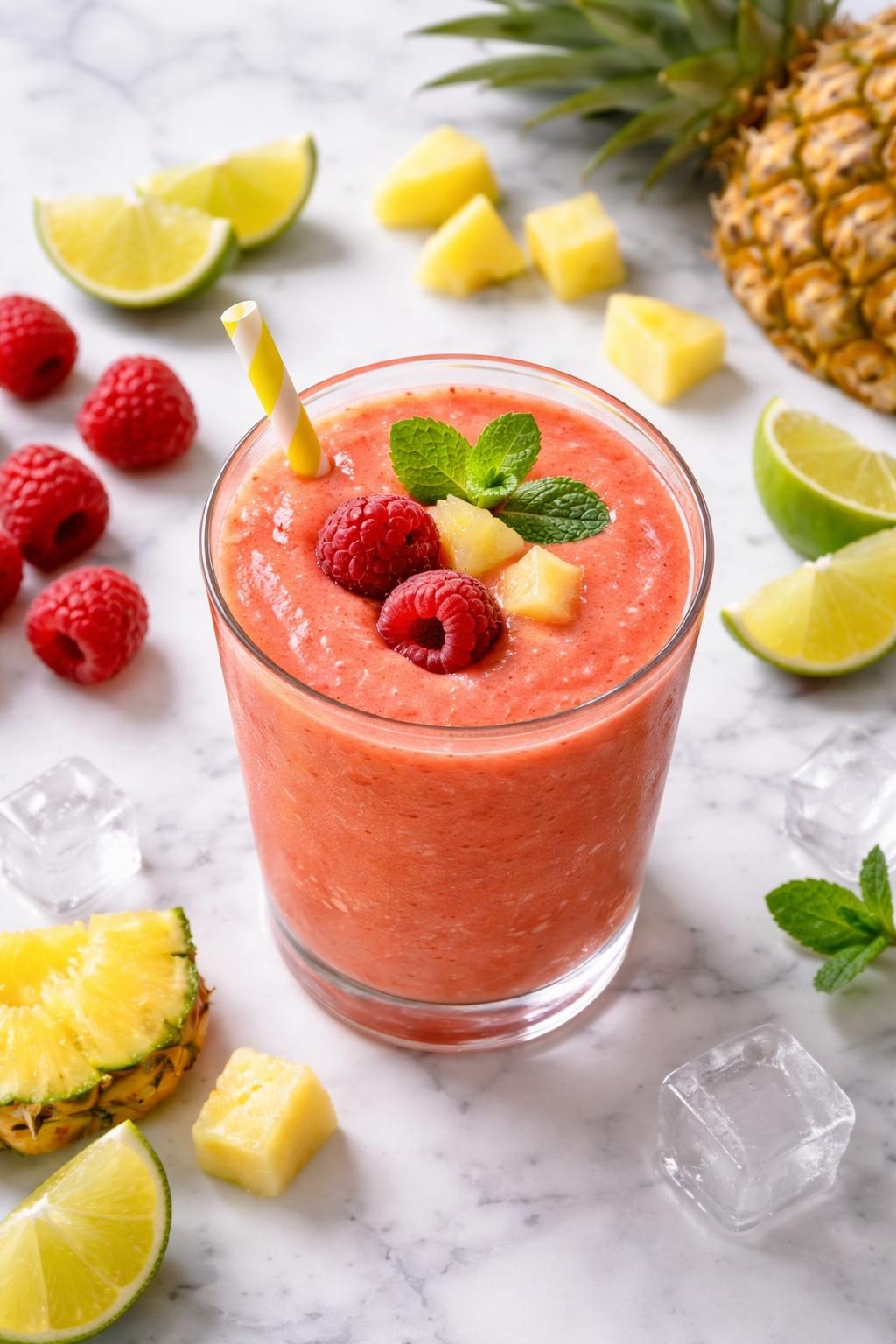 Realistic top-down editorial food photography of a raspberry pineapple smoothie in a clear glass on a clean white and gray marble countertop. The smoothie is bright pink-orange, smooth, cold, and refreshing, styled with raspberries, pineapple chunks, lime wedges, and a few ice cubes nearby. Bright natural daylight, clean tropical berry smoothie styling, high detail, realistic drink texture, no people, no hands, no text, no watermarks, no props with writing.