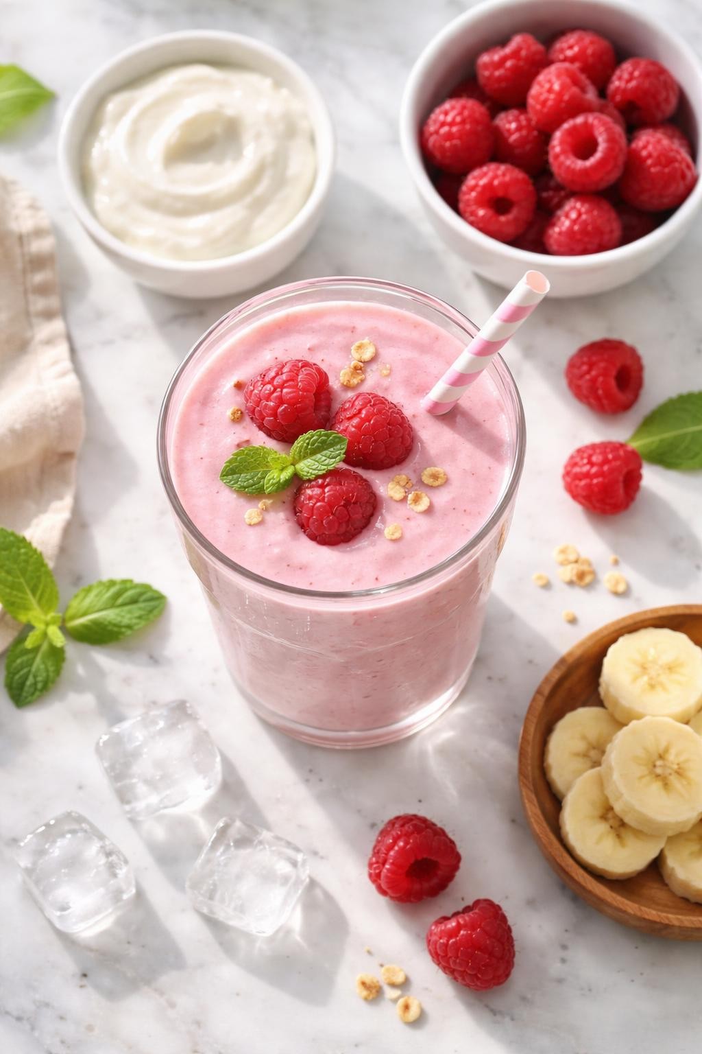 Realistic top-down editorial food photography of a raspberry Greek yogurt smoothie in a clear glass on a light marble countertop. The smoothie is soft pink, thick, smooth, and creamy, styled with raspberries, plain Greek yogurt in a small bowl, banana rounds, and a few ice cubes nearby. Bright natural daylight, clean morning snack styling, soft shadows, realistic smoothie texture, high detail, no people, no hands, no text, no watermarks, no props with writing.
