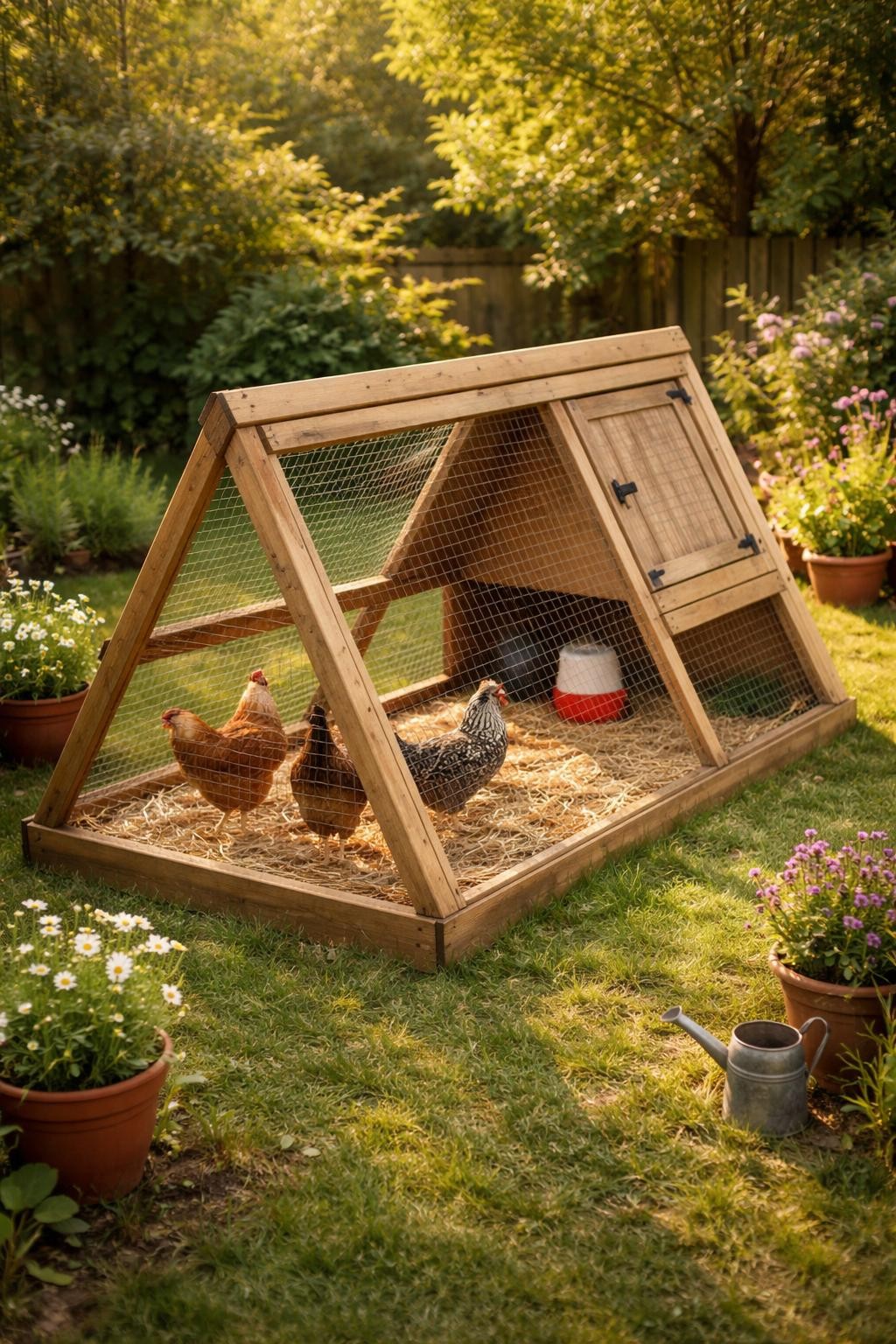 Image Prompt: A compact A-frame chicken coop in a small green backyard, natural wood triangle frame, wire mesh sides, small enclosed sleeping box at one end, chickens pecking safely inside the run, simple hinged access door, fresh straw, a few wildflowers and garden pots around it, warm natural daylight, rustic DIY look, neat and realistic, no people, no text, no watermark.