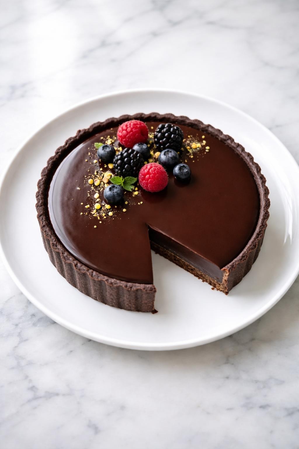 Image Prompt: Top-down realistic food photography of an elegant vegan dark chocolate olive oil tart on a white dessert plate over a clean marble countertop, rich glossy chocolate tart with a thin crust and a few berries for garnish, refined fine dining dessert presentation, soft natural daylight, upscale vegan dessert mood, no people, no hands, no text, no watermarks, no props with writing.