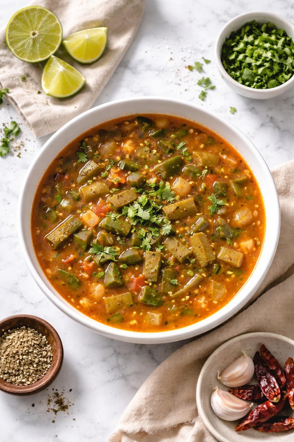 Image Prompt: Realistic top-down editorial food photography of Mexican nopales soup in a white ceramic bowl on a clean marble countertop, light tomato broth with chopped nopales, onions, garlic, and herbs, cozy homemade soup styling, bright natural daylight, no people, no hands, no text, no watermarks, no props with writing.