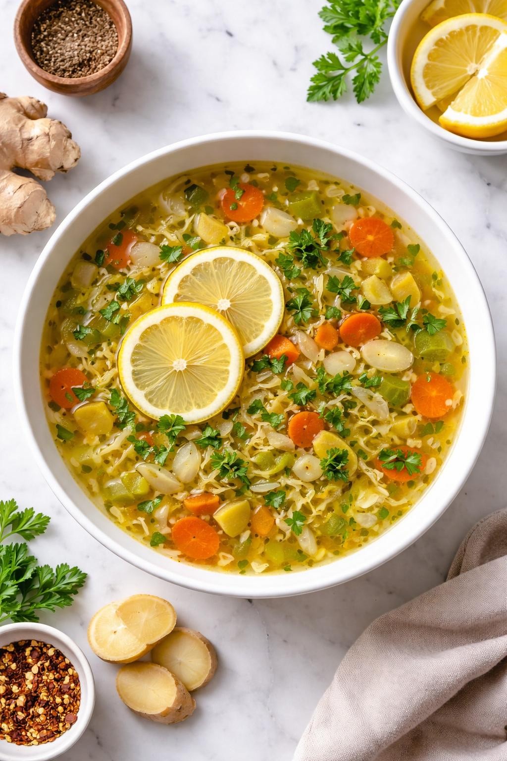 Realistic top-down food photography of lemon ginger cabbage detox soup in a white bowl on a clean marble countertop, clear golden broth filled with shredded cabbage, sliced carrots, celery, onion, garlic, fresh ginger, lemon slices, and chopped parsley, bright clean homemade soup styling, natural window light, soft shadows, realistic broth texture, high detail, no people, no hands, no text, no watermarks, no props with writing.