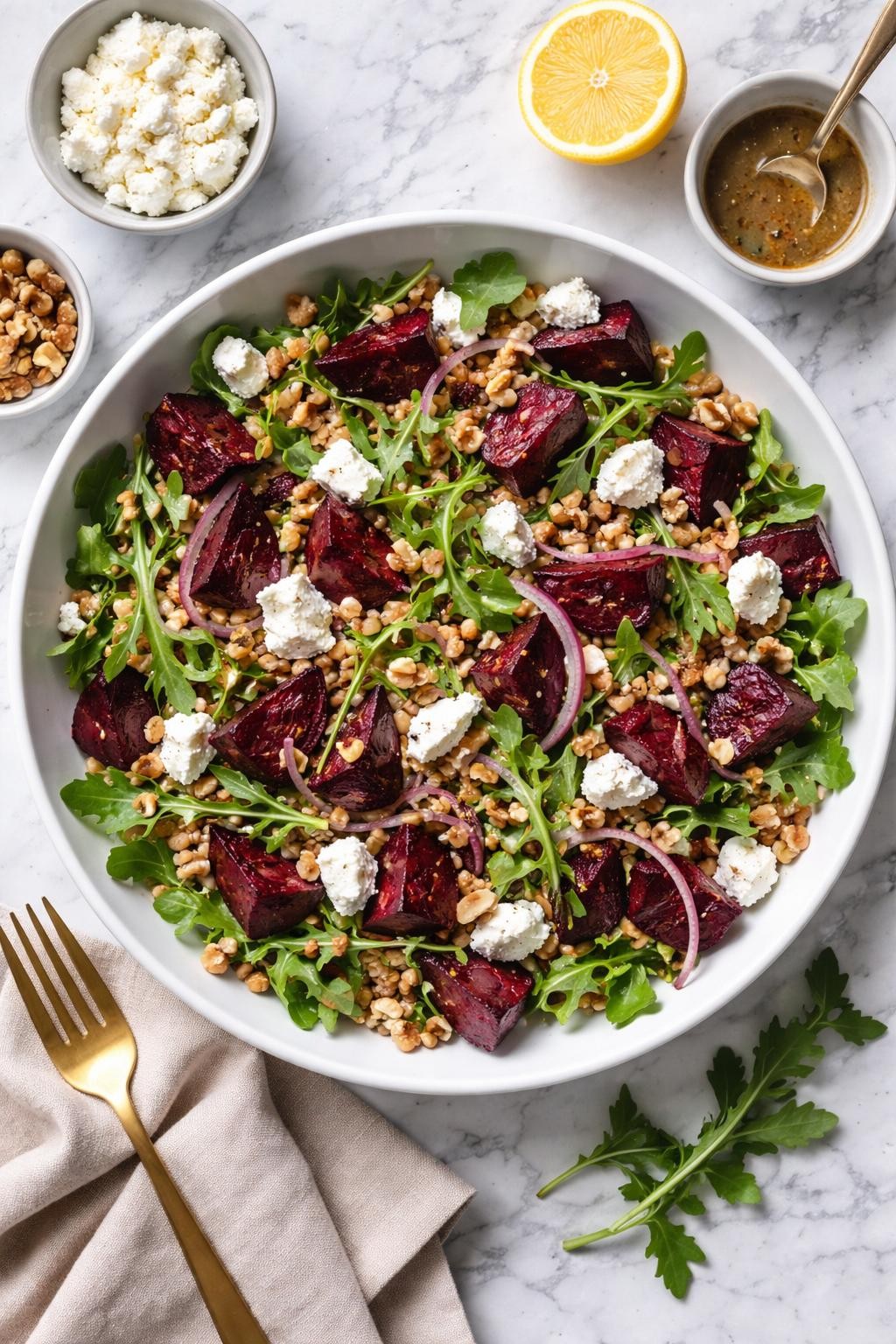 An overheard picture view of a plate of Roasted Beet and Farro Salad with Goat Cheese sitting on a marble countertop table in the kitchen, professional food photography style.