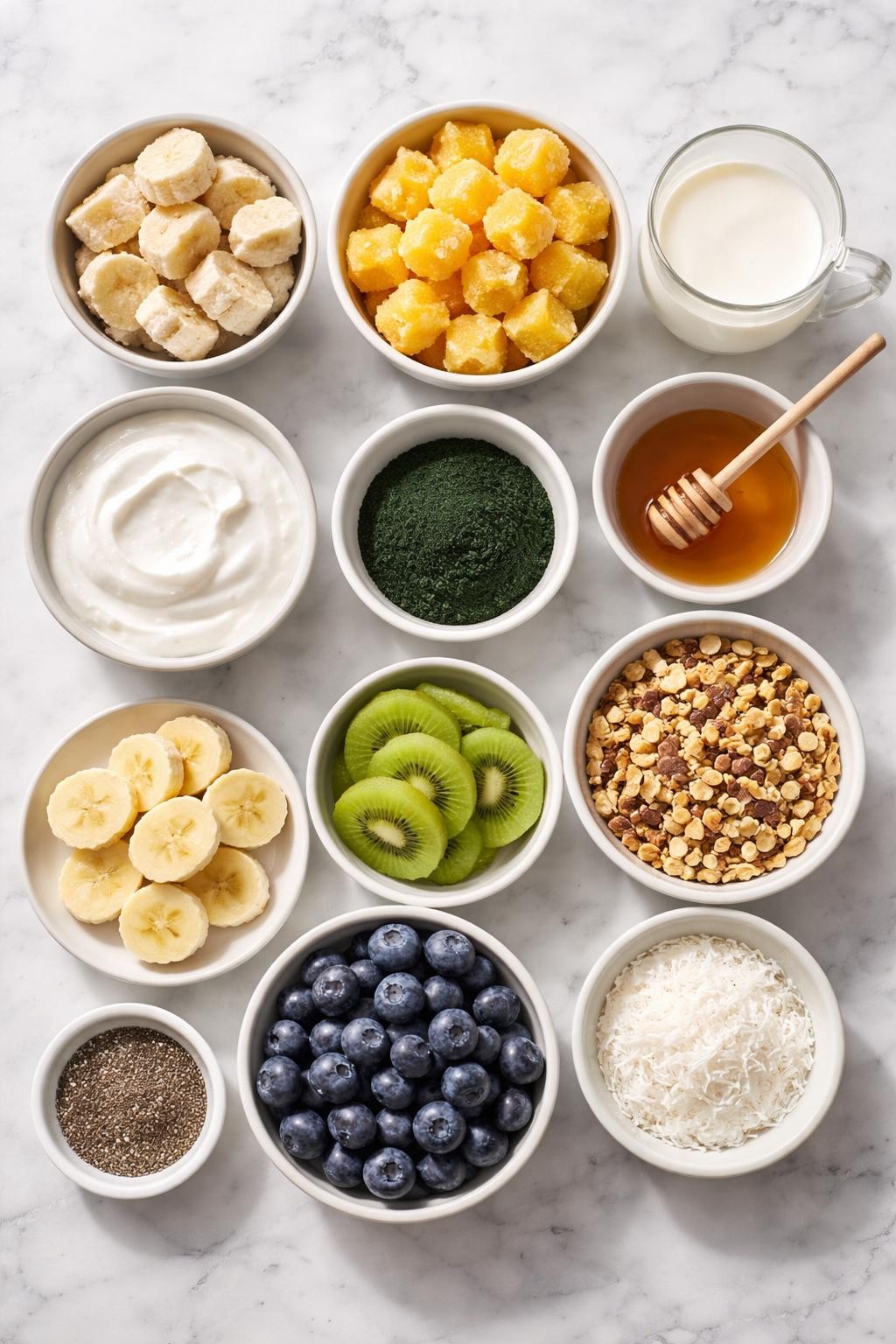 Prompt: A realistic top-down flat lay food photography image of spirulina smoothie bowl ingredients arranged neatly on a countertop marble table. Include frozen banana slices, frozen mango chunks, thick Greek yogurt or coconut yogurt, almond milk, spirulina powder in a small plain bowl, honey, fresh banana slices, kiwi slices, blueberries, granola, chia seeds, and shredded coconut. Clean bright natural light, simple organized layout, no people, no hands, no text, no watermarks, no props with writing.