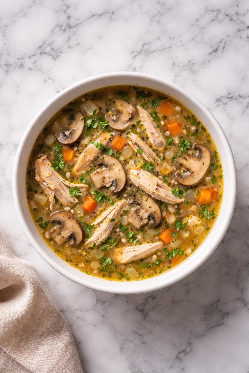 Image Prompt: Realistic top-down editorial food photography of chicken breast mushroom soup in a white bowl on a clean white and gray marble countertop, savory broth with shredded chicken breast, sliced mushrooms, onion, garlic, and herbs, cozy earthy homemade mood, bright natural light, no people, no hands, no text, no watermarks, no props with writing.