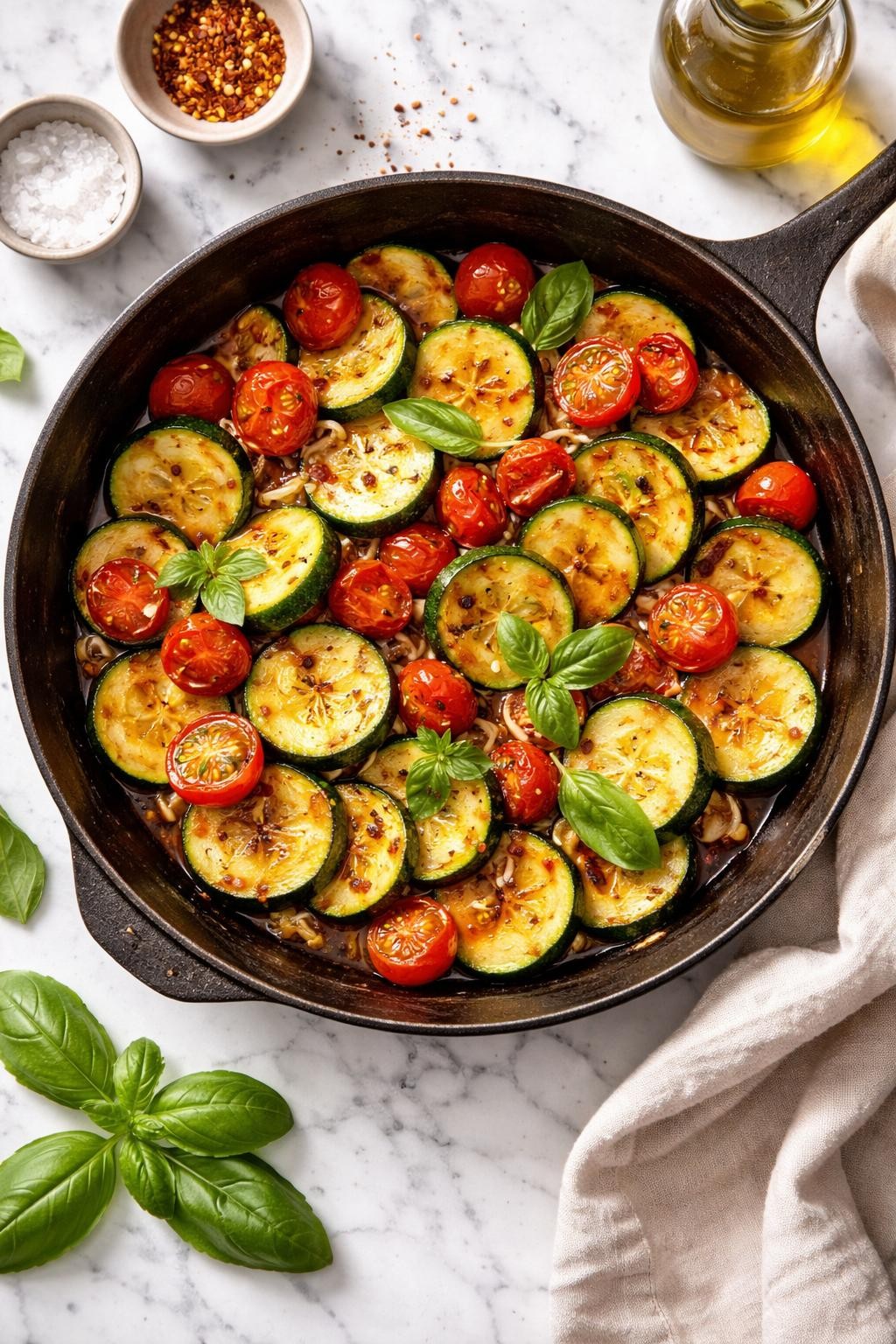 Image Prompt: Realistic top-down editorial food photography of Italian zucchini and tomato skillet on a white marble countertop, sliced zucchini cooked with cherry tomatoes, garlic, olive oil, basil, and black pepper in a rustic skillet, bright natural daylight, fresh homemade dinner mood, no people, no hands, no text, no watermarks, no props with writing.
