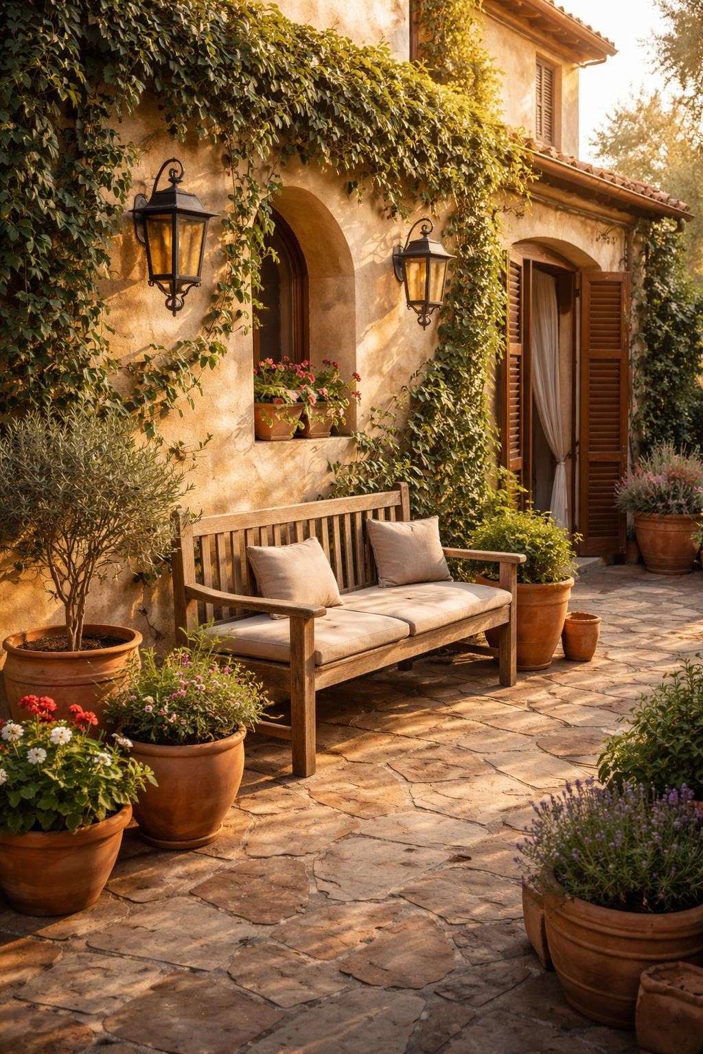 Image Prompt: A charming Italian villa-style patio with natural stone pavers, rustic wooden bench, terracotta pots, climbing ivy on stucco walls, wrought iron lanterns, warm earthy color palette, soft afternoon sunlight, no people, realistic DSLR photo, no text, no watermarks on images.