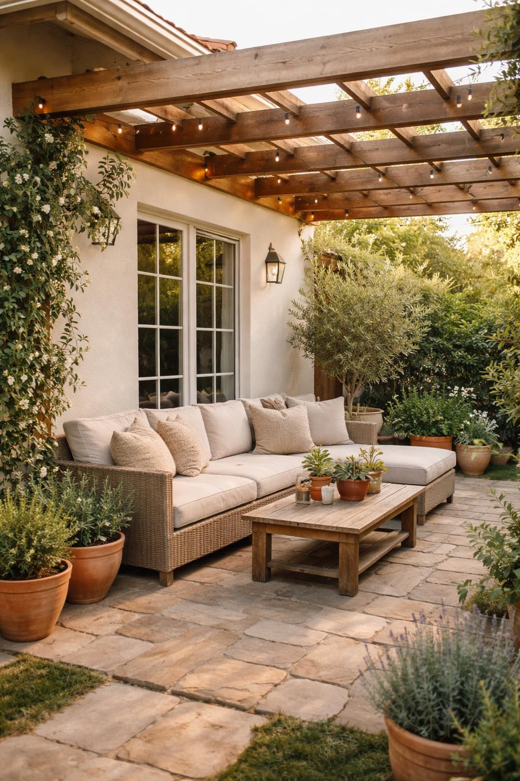 Image Prompt: A lovely pergola-style patio roof attached to the house, natural wood beams extending from the exterior wall, outdoor sofa with neutral cushions, climbing greenery along one side, terracotta pots, warm stone pavers, soft afternoon sunlight, cozy garden patio mood, no people, realistic DSLR photo, no text, no watermarks on images.