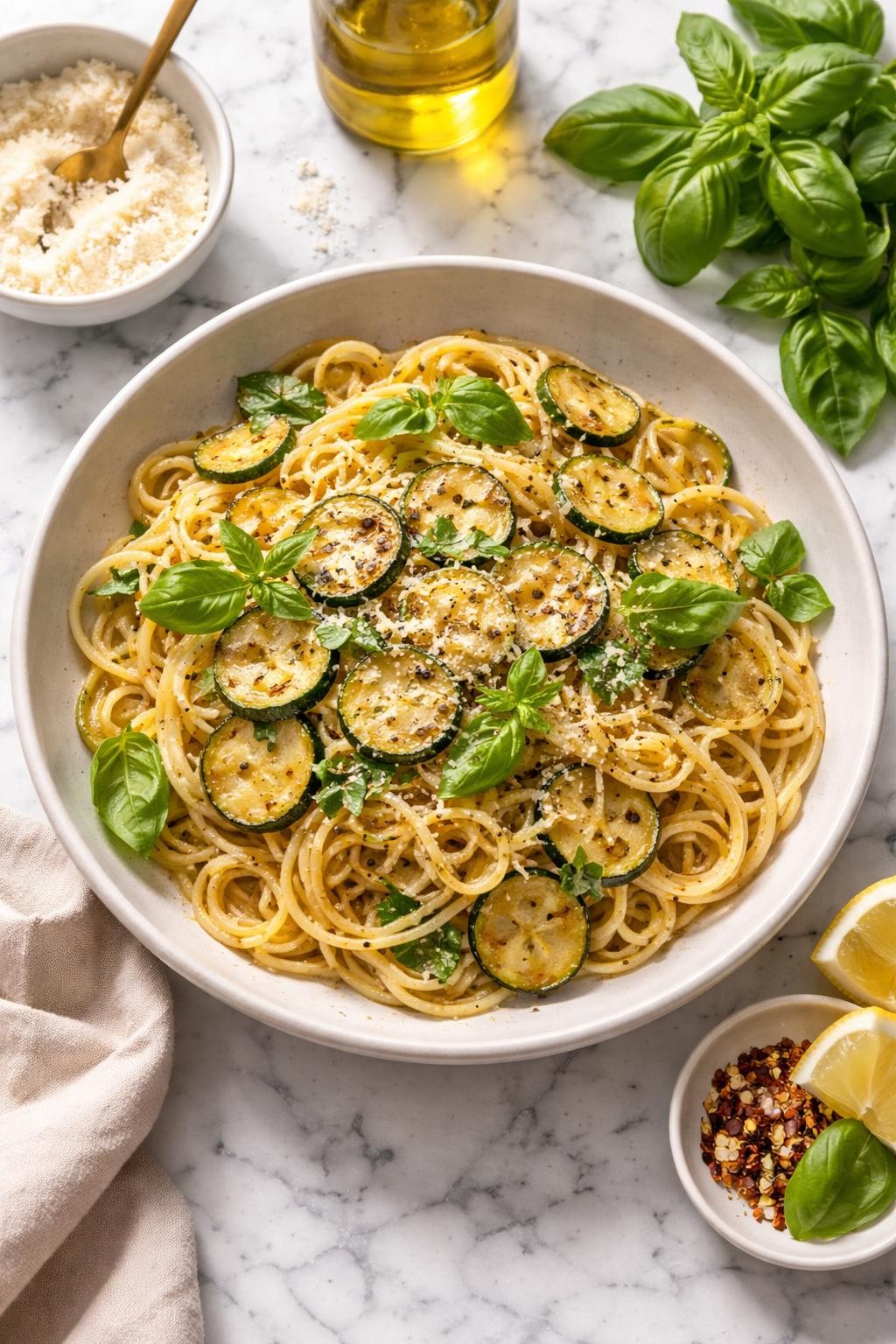 Image Prompt: Realistic top-down editorial food photography of spaghetti alla Nerano in a shallow bowl on a clean white and gray marble countertop, spaghetti tossed with sautéed zucchini slices, melted cheese, basil, and black pepper, bright natural daylight, soft shadows, fresh Italian summer dinner styling, high detail, realistic food texture, no people, no hands, no text, no watermarks, no props with writing.