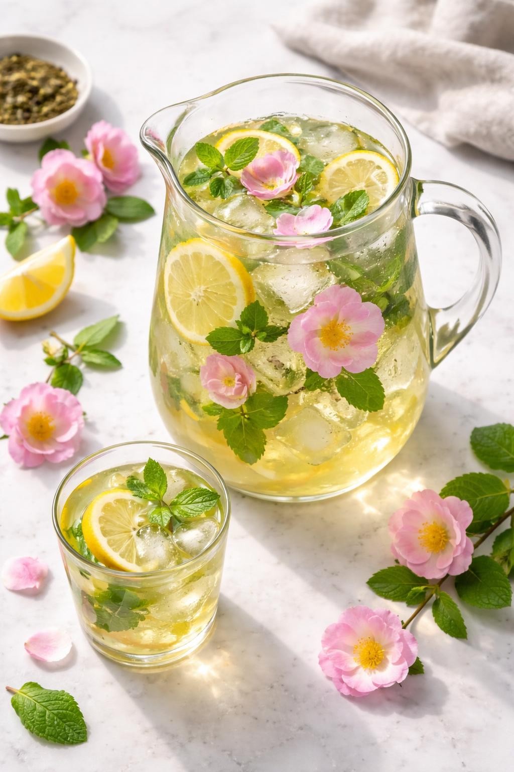 Realistic top-down editorial food photography of wild rose green iced tea in a clear glass pitcher on a pale marble countertop, pale green tea with ice cubes, fresh wild rose petals, lemon slices, and mint leaves floating inside, small glass of iced tea beside the pitcher, fresh clean tea styling, bright natural daylight, soft shadows, high detail, no people, no hands, no text, no watermarks, no props with writing.