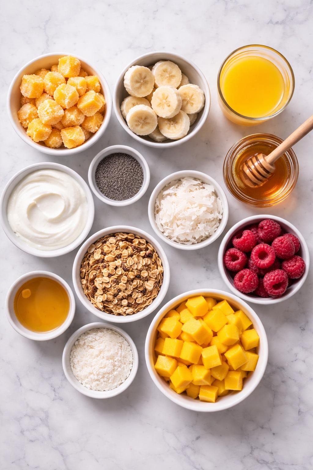 Prompt: A realistic top-down flat lay food photography image of mango smoothie bowl ingredients arranged neatly on a countertop marble table. Include frozen mango chunks, frozen banana slices, Greek yogurt or coconut yogurt, orange juice, honey, chia seeds, granola, coconut flakes, fresh mango cubes, fresh banana slices, and fresh raspberries. Clean bright natural light, simple organized layout, no people, no hands, no text, no watermarks, no props with writing.