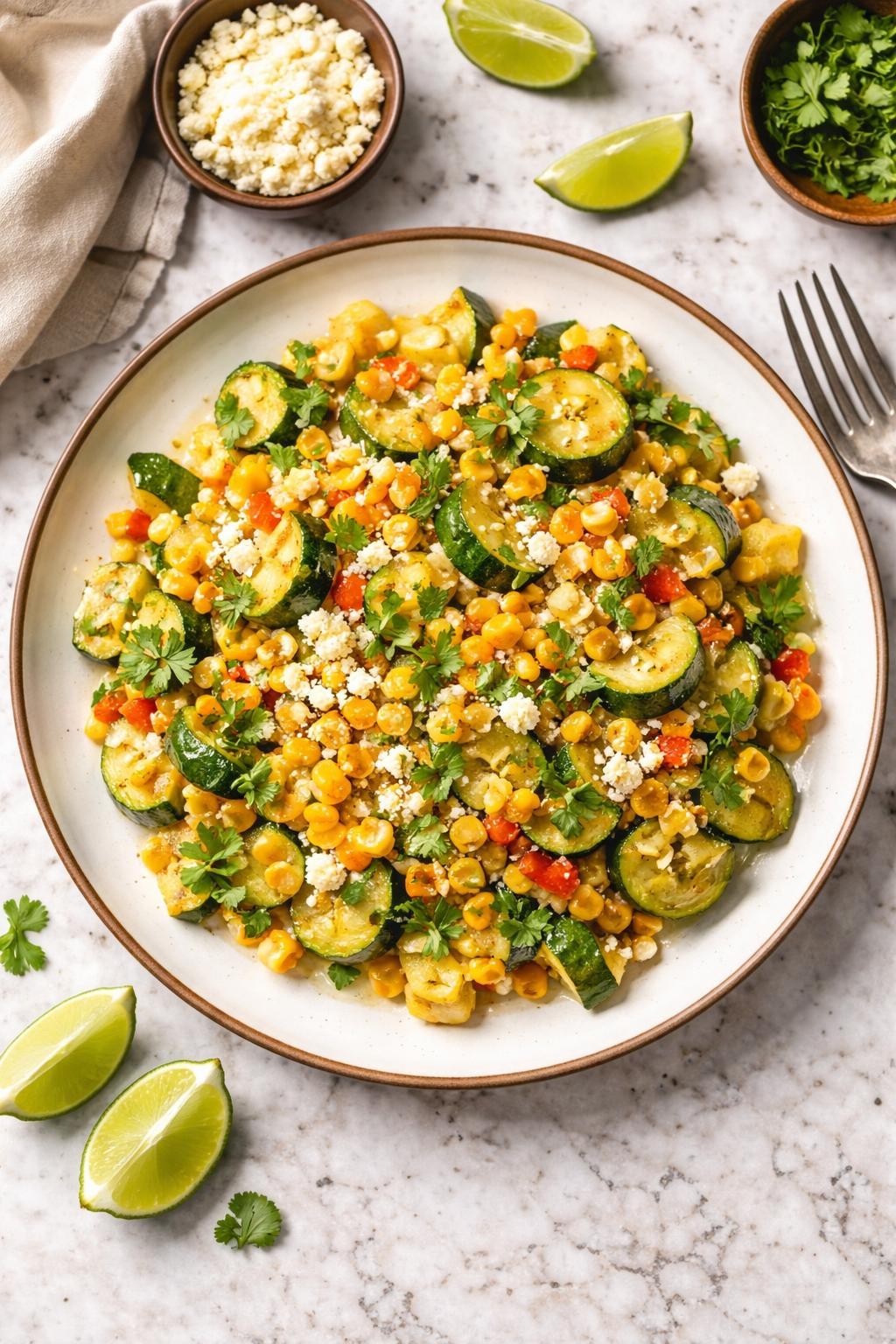 An overheard picture view of a plate of Calabacitas con Elote sitting on a marble countertop table in the kitchen, professional food photography style.