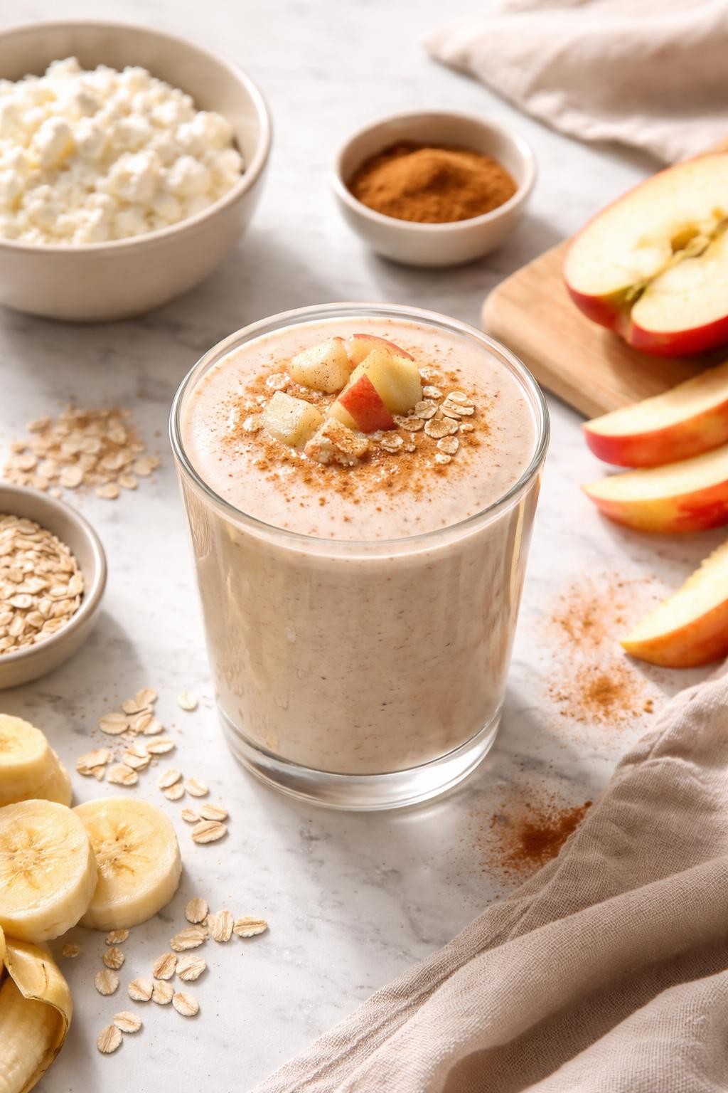 Realistic top-down editorial food photography of an apple cinnamon cottage cheese smoothie served in a clear glass on a clean white and gray marble countertop. The smoothie is pale beige, thick, creamy, and smooth, styled with apple slices, cottage cheese in a plain bowl, cinnamon, rolled oats, and banana rounds nearby. Natural window lighting, cozy breakfast smoothie styling, realistic creamy texture, high detail, no people, no hands, no text, no watermarks, no props with writing.