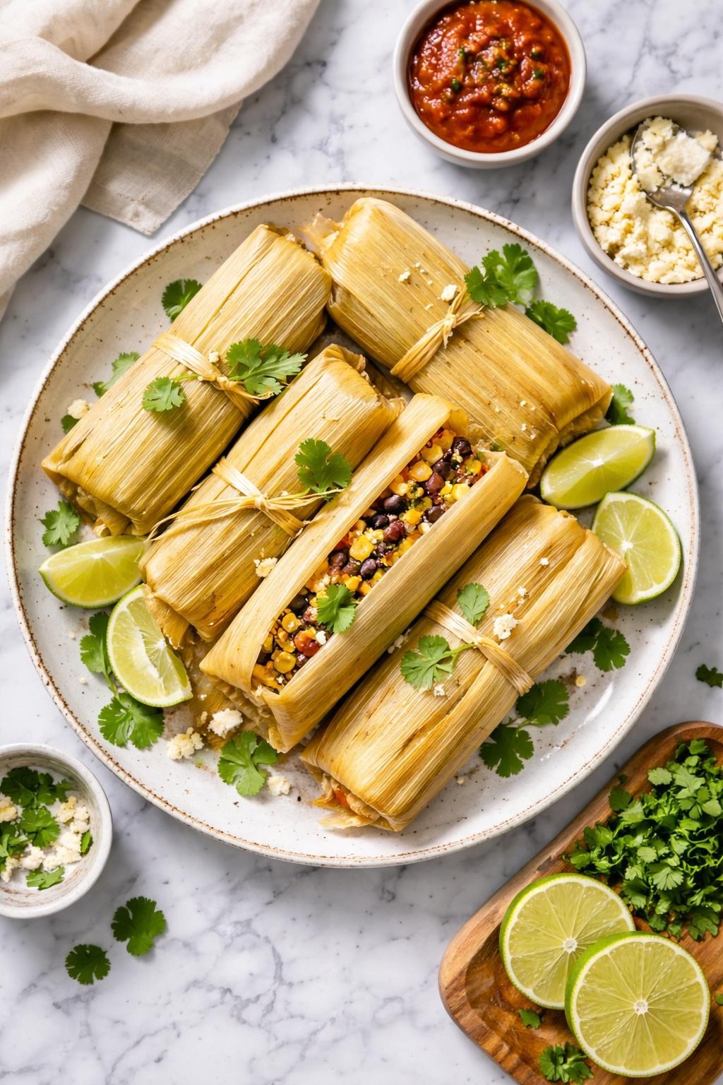 An overheard picture view of a plate of Vegetarian Tamales sitting on a marble countertop table in the kitchen, professional food photography style.