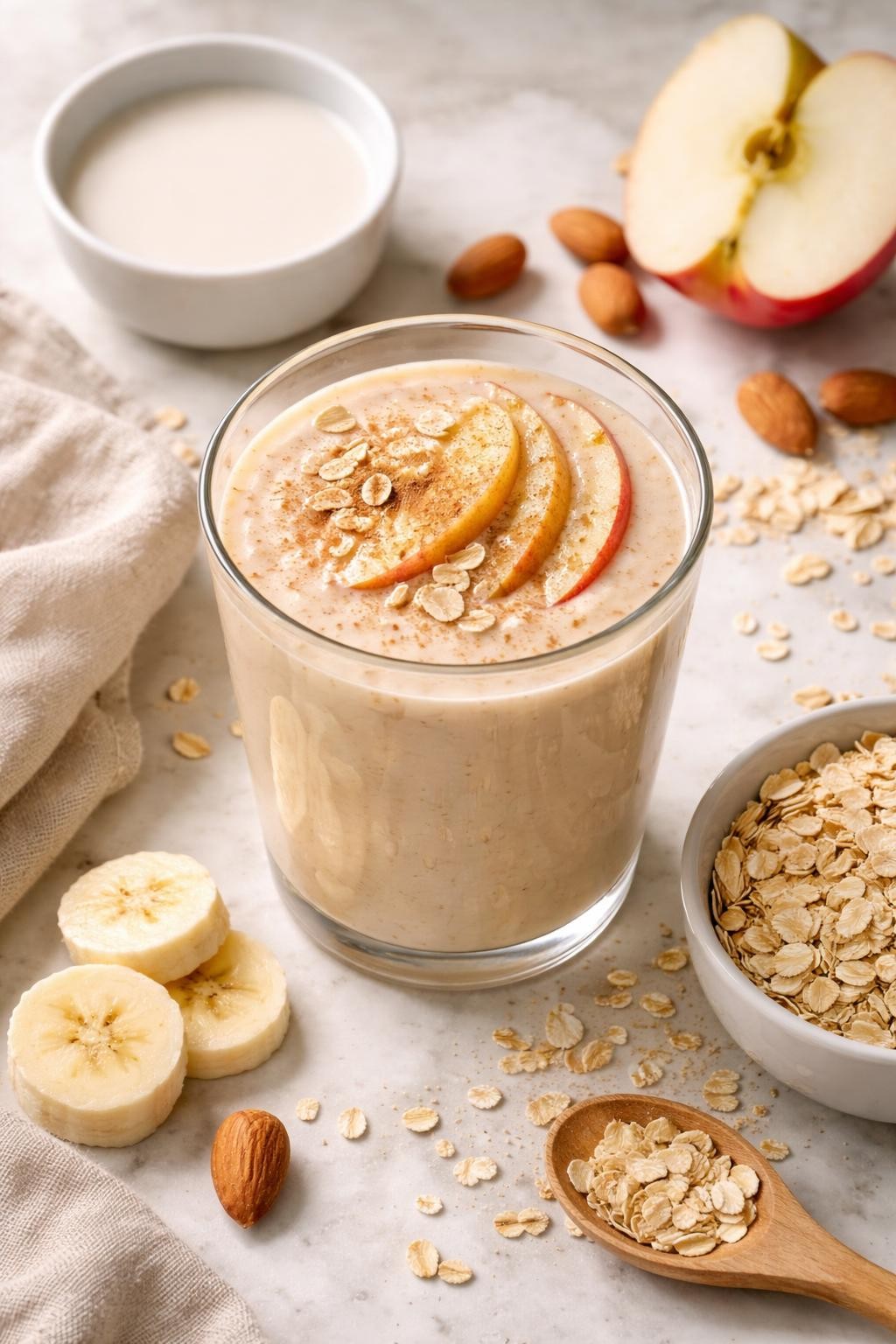 Realistic top-down editorial food photography of an apple cinnamon almond milk smoothie served in a clear glass on a light marble countertop. The smoothie is pale beige, thick, creamy, and smooth, styled with apple slices, cinnamon, almond milk in a plain bowl, rolled oats, and banana rounds nearby. Natural window lighting, cozy breakfast smoothie styling, high detail, realistic creamy texture, no people, no hands, no text, no watermarks, no props with writing.