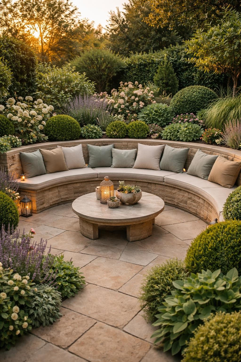 Image Prompt: A beautiful upscale garden seating area with a built-in curved stone bench surrounded by lush layered planting, soft beige and sage outdoor cushions, natural stone paving, clipped shrubs, flowering borders, warm evening light, elegant and timeless landscaping, premium outdoor styling, realistic DSLR photo quality, no people, no watermarks on images.