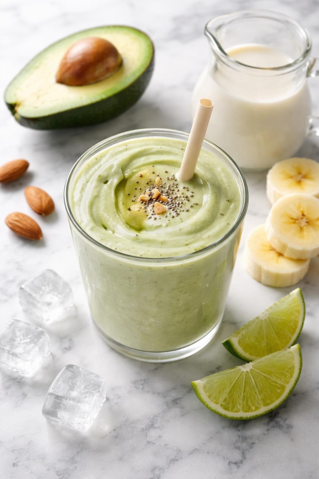 Realistic top-down editorial food photography of an avocado almond milk smoothie in a clear glass on a clean white and gray marble countertop. The smoothie is pale green, thick, silky, and smooth, styled with avocado slices, almond milk, banana rounds, lime wedges, and a few ice cubes nearby. Soft natural daylight, clean creamy smoothie styling, high detail, realistic silky texture, no people, no hands, no text, no watermarks, no props with writing.