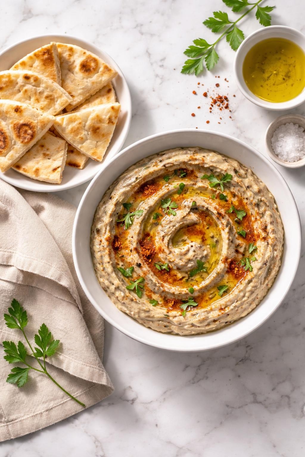 Image Prompt: Realistic top-down editorial food photography of a bowl of smoky baba ganoush on a clean marble countertop, creamy roasted eggplant dip swirled in a shallow white bowl with olive oil, paprika, parsley, and warm pita on the side, smooth rustic texture, bright natural window lighting, soft shadows, clean composition, high detail, realistic food texture, no people, no hands, no text, no watermarks, no props with writing.