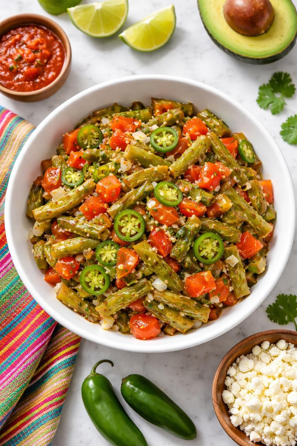 Image Prompt: Realistic top-down editorial food photography of nopales a la mexicana in a white bowl on a clean white marble countertop, cooked nopales mixed with tomatoes, onions, and jalapeños, colorful homemade Mexican side dish styling, bright natural window lighting, no people, no hands, no text, no watermarks, no props with writing.