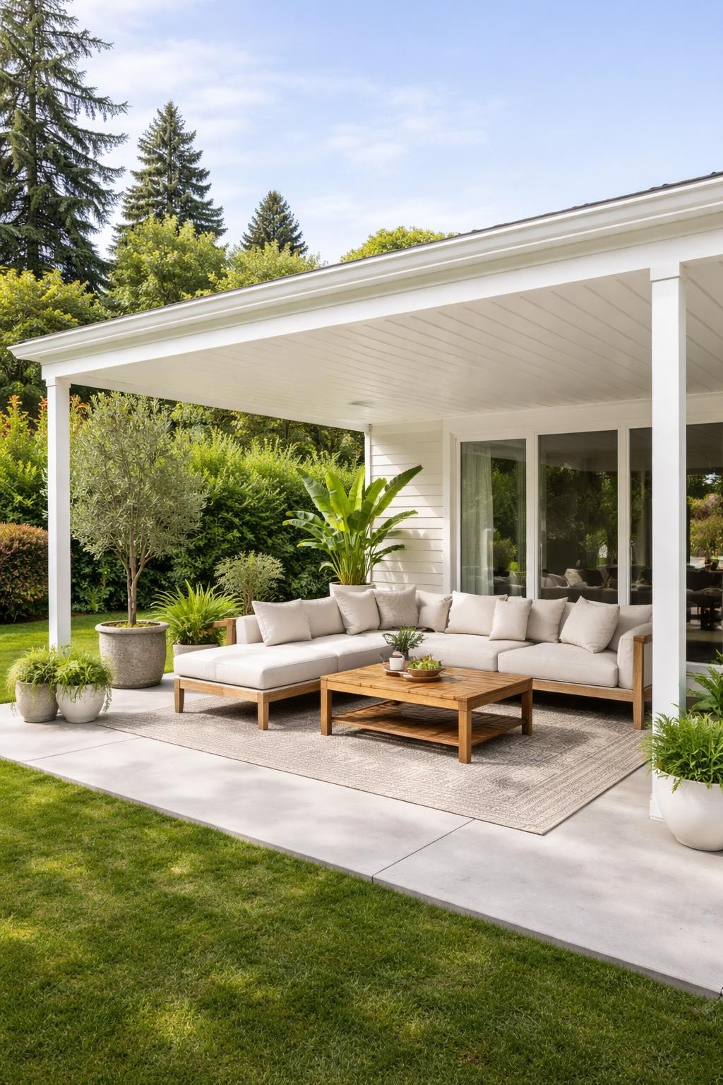 Image Prompt: A beautiful backyard patio with a classic flat roof attached directly to the house, crisp white ceiling, slim square support posts, outdoor sectional sofa with cream cushions, low wooden coffee table, large outdoor rug, potted greenery, clean concrete patio floor, bright natural daylight, polished family backyard setting, no people, realistic DSLR photo, editorial home and garden style, high detail, no text, no watermarks on images.